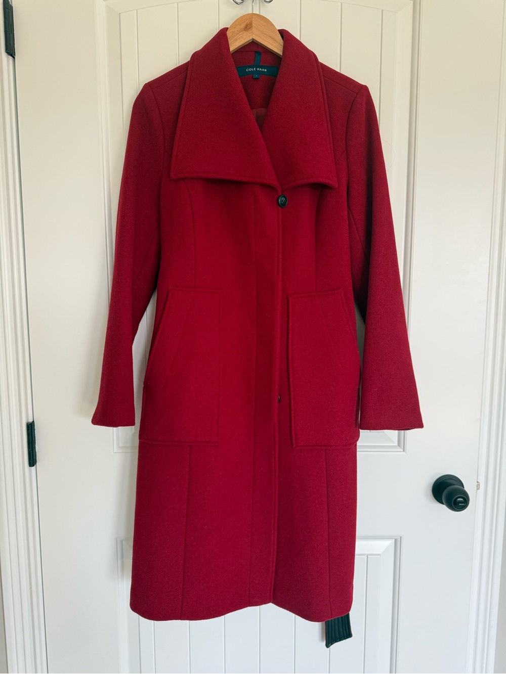 Cole Haan Red Wool Blend Belted Mid Length Wing Collar Jacket Coat Women’s 4